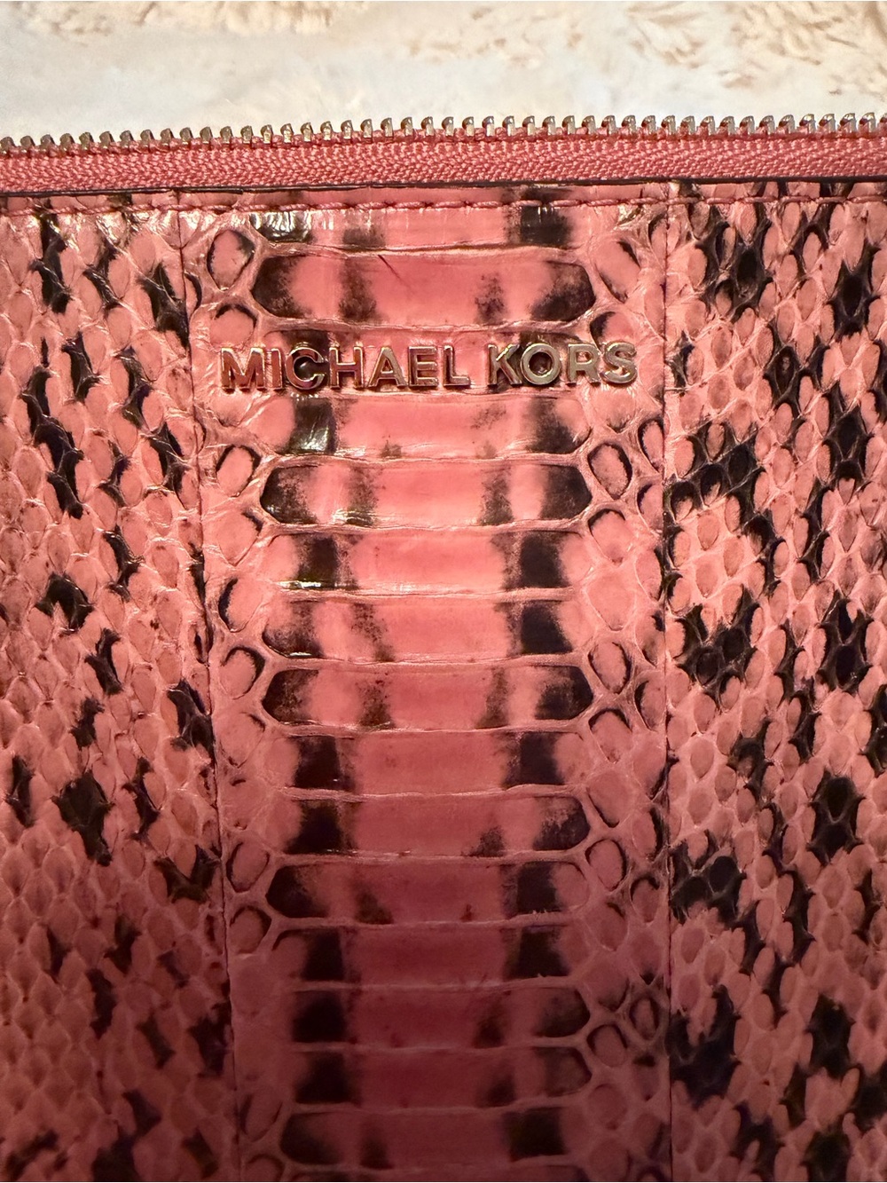 Michael Kors Rose Pink Snake-Print Zip Pouch with Gold Logo - Picture 5 of 5